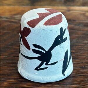 Acoma Pueblo Hand-Painted Ceramic Thimble With Animal & Floral Design White Base